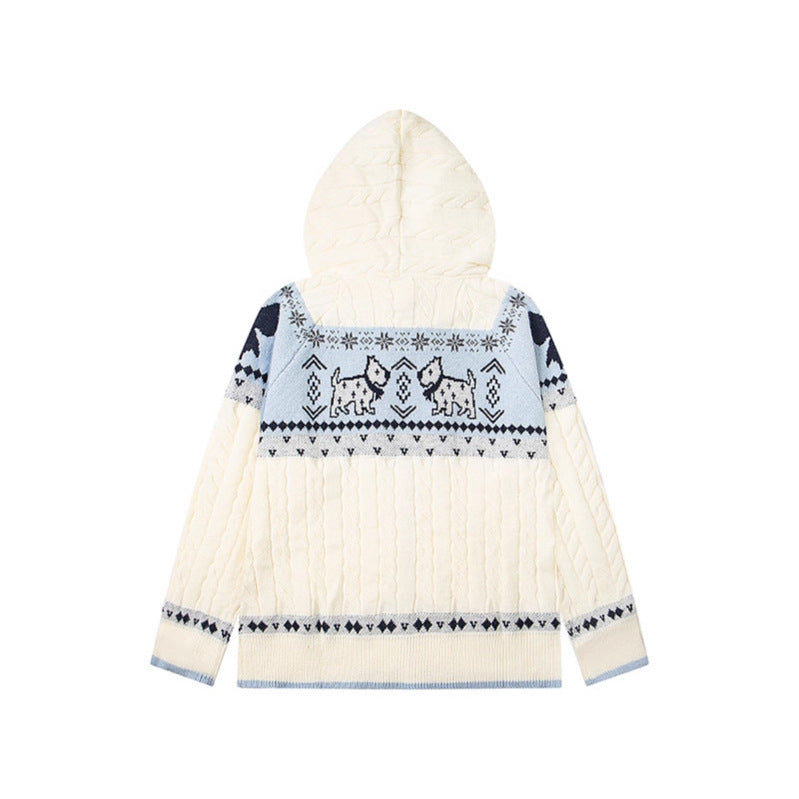 Fur Collar Fair Isle Dog Knit Cardigan