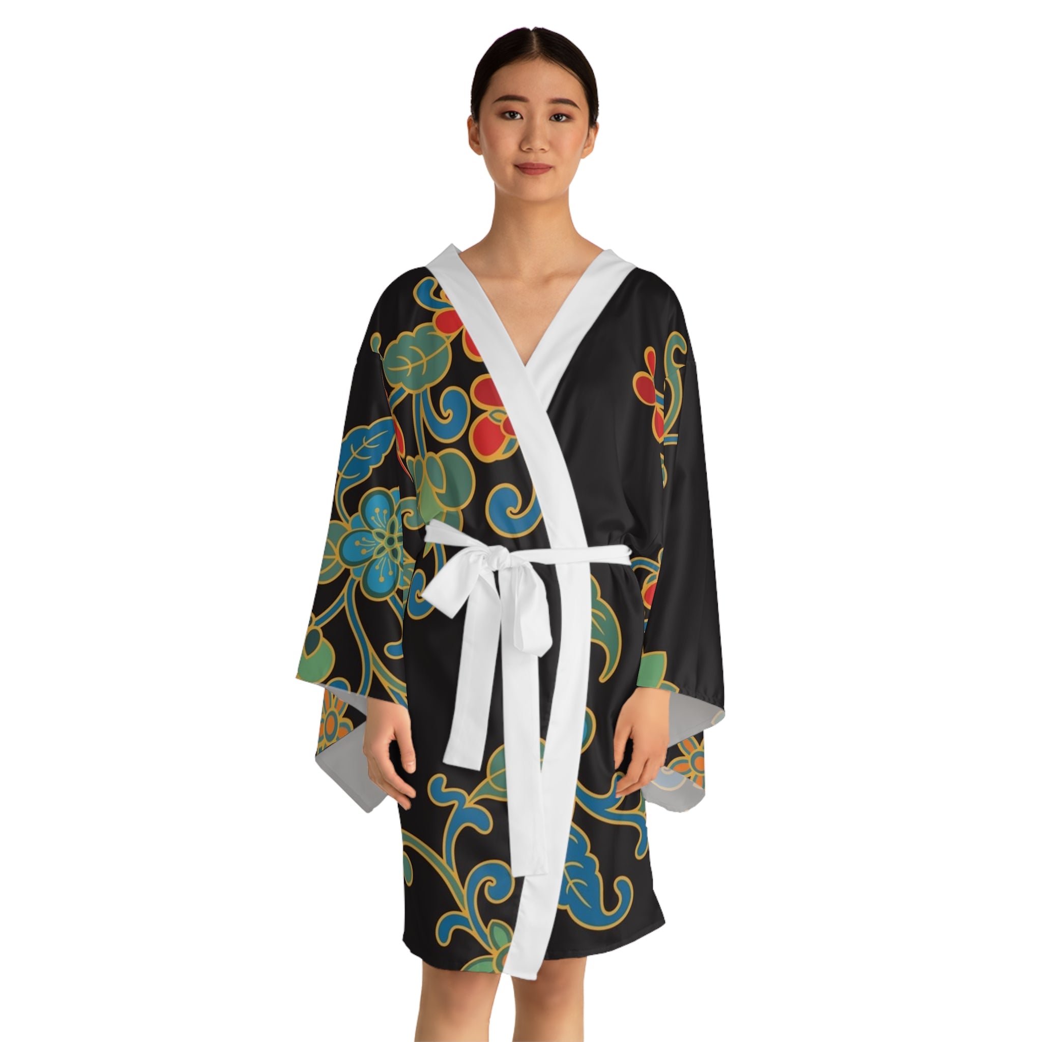 Floral Black Kimono Robe — Vintage-Inspired Long Sleeve Lounge Wrap