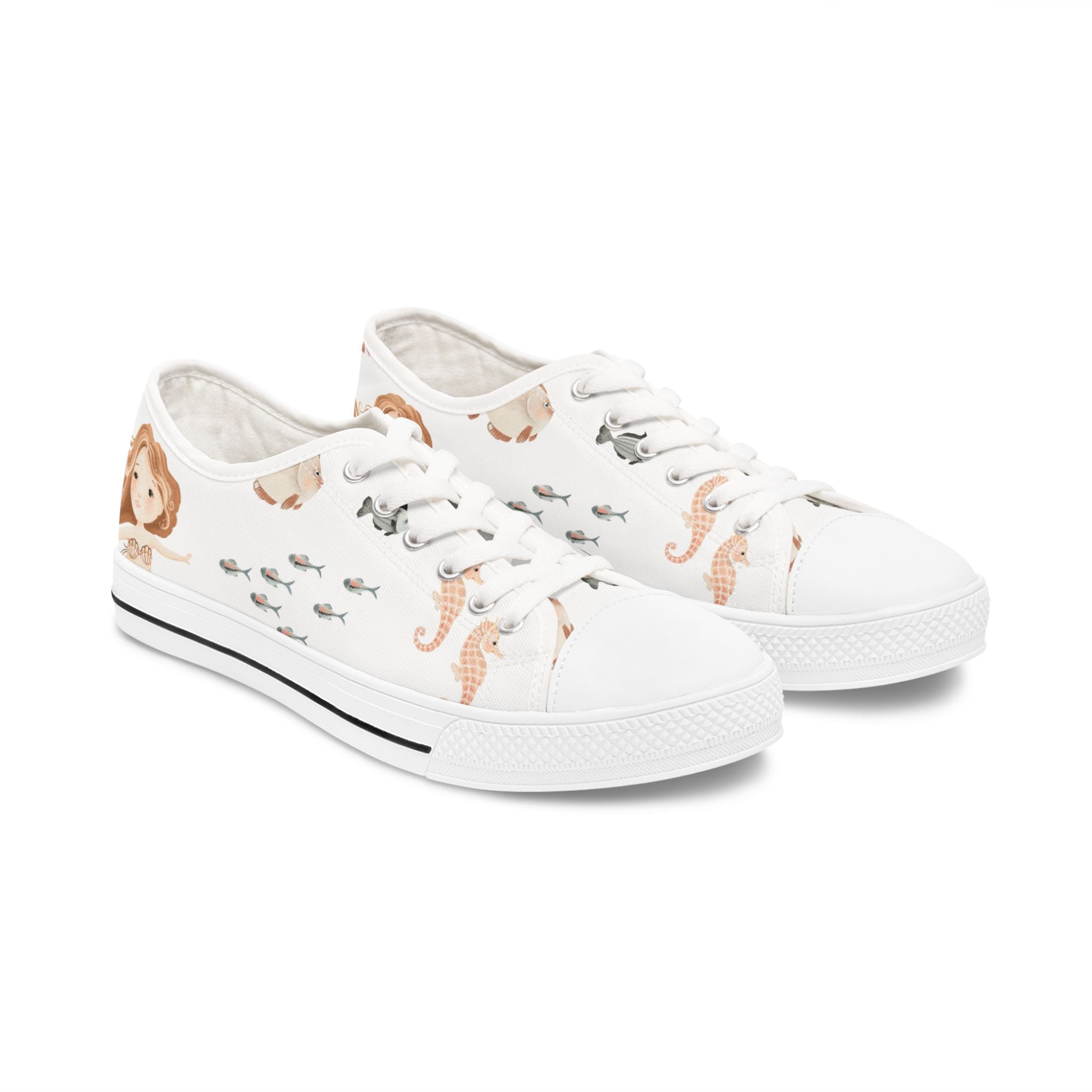 Mermaid & Seahorse Women's Low Top Sneakers — Cute Ocean Print Casual Shoes