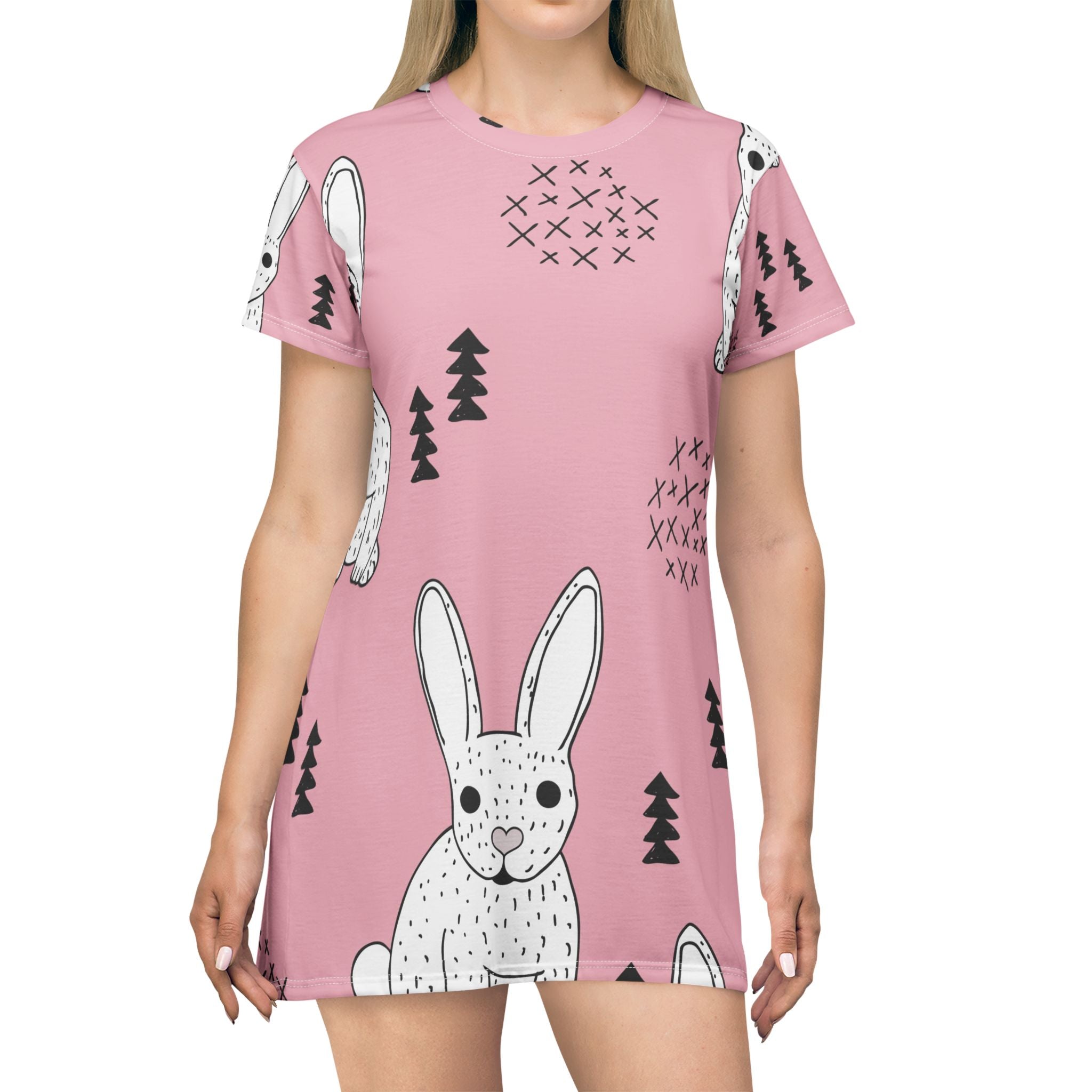 Pink Bunny Print T-Shirt Dress — Cute Easter Bunny AOP Dress
