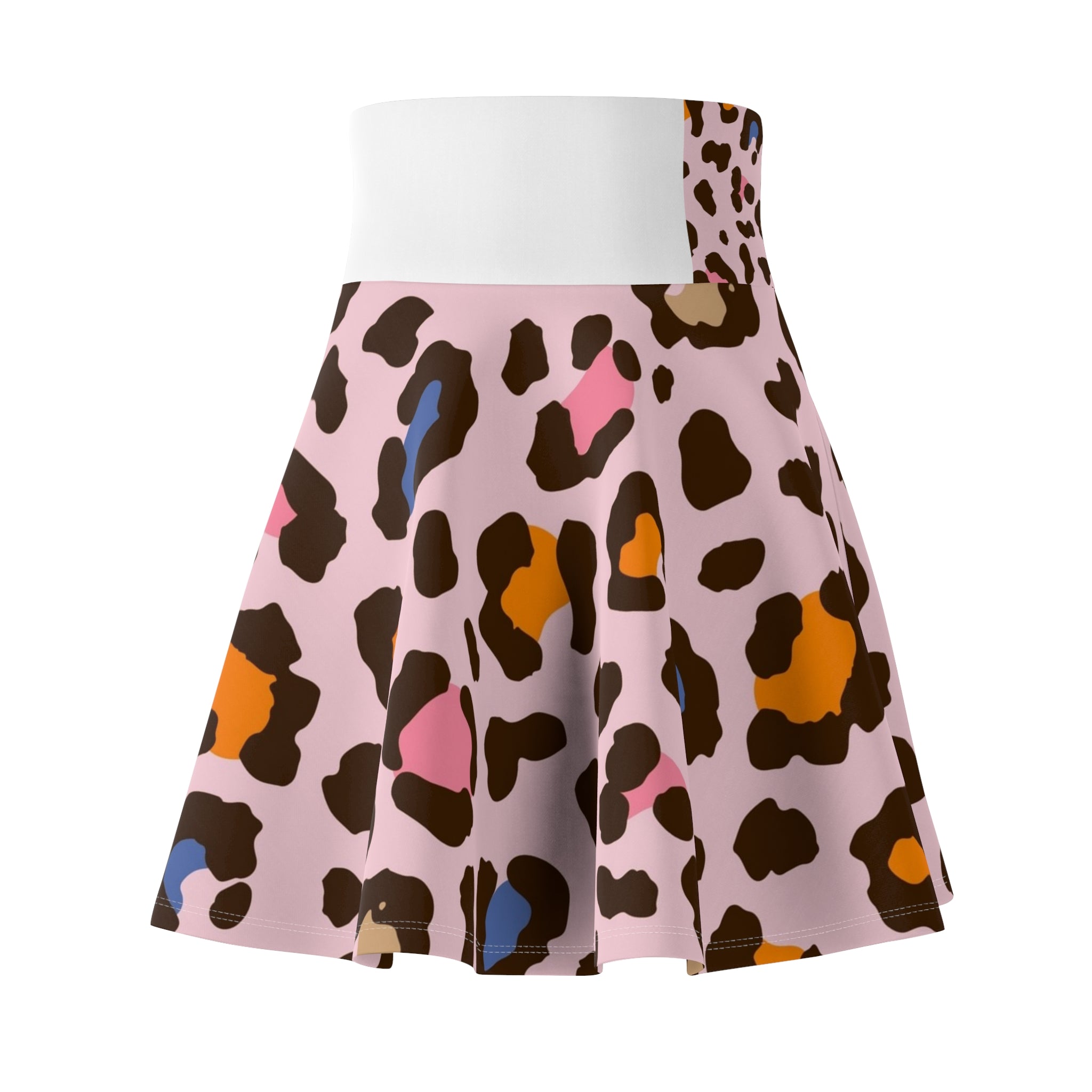 Pink Multicolor Leopard Print Skater Skirt — Cute AOP Animal Print Flared Skirt