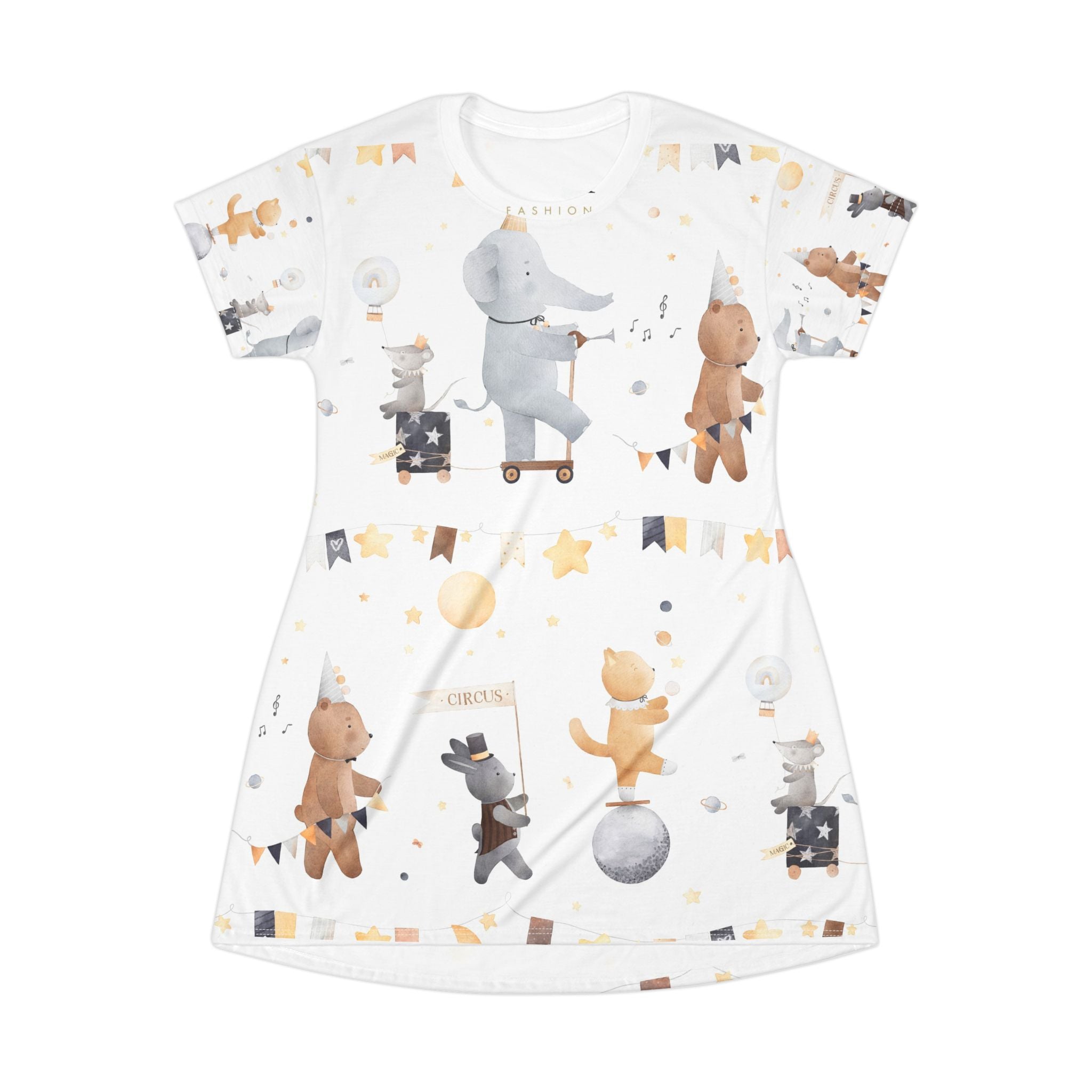 Kids' Circus Animal T-Shirt Dress – Cute Elephant & Bear All-Over Print