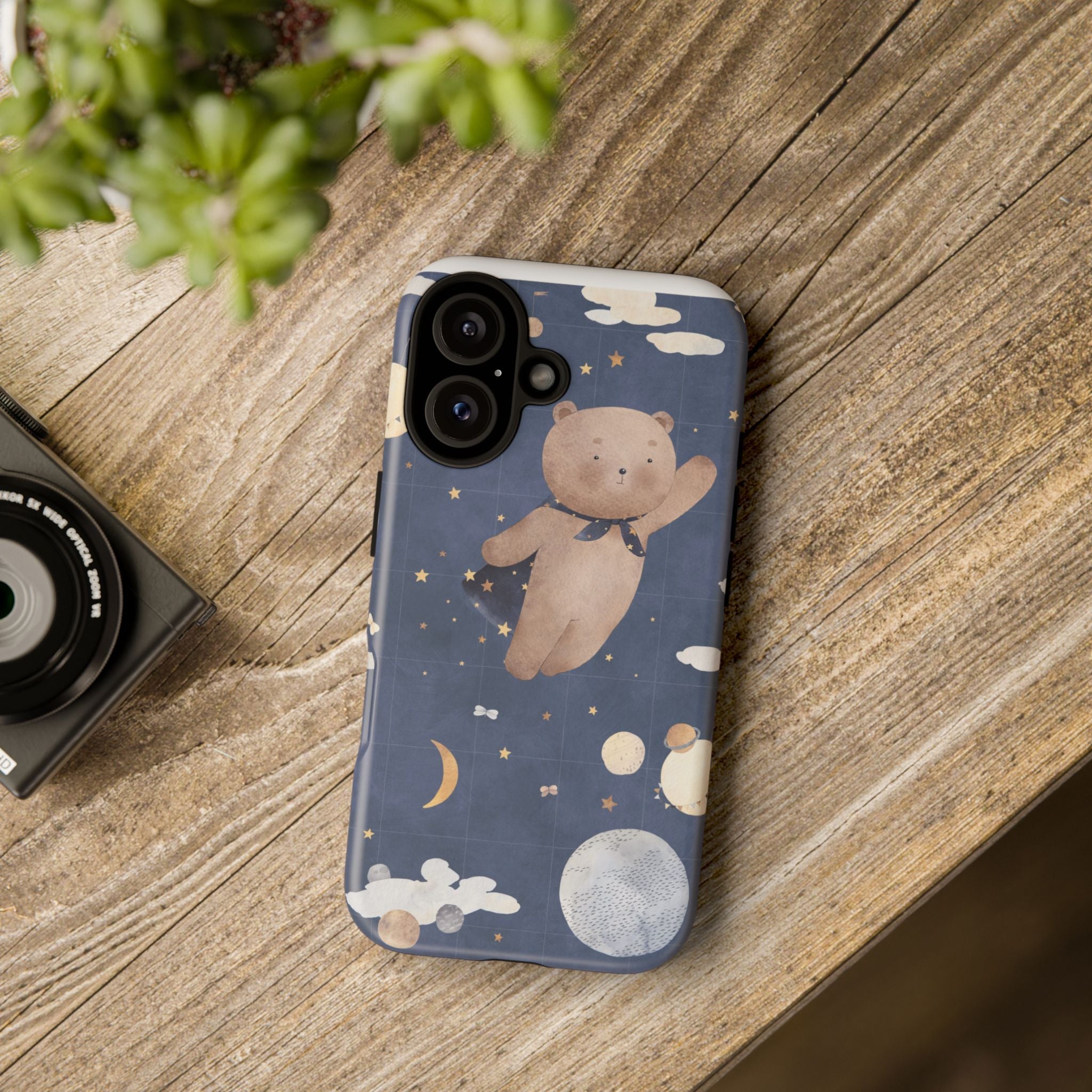 Cute Night Sky Teddy Bear Phone Case — Protective Tough Case with Floating Bear, Moon & Stars
