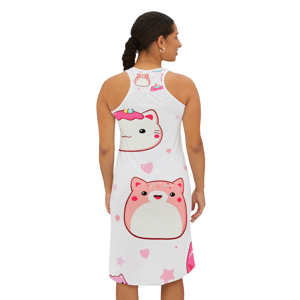 Kawaii Pink Cat Dessert Racerback Dress – Cute Anime-Inspired AOP Summer Dress