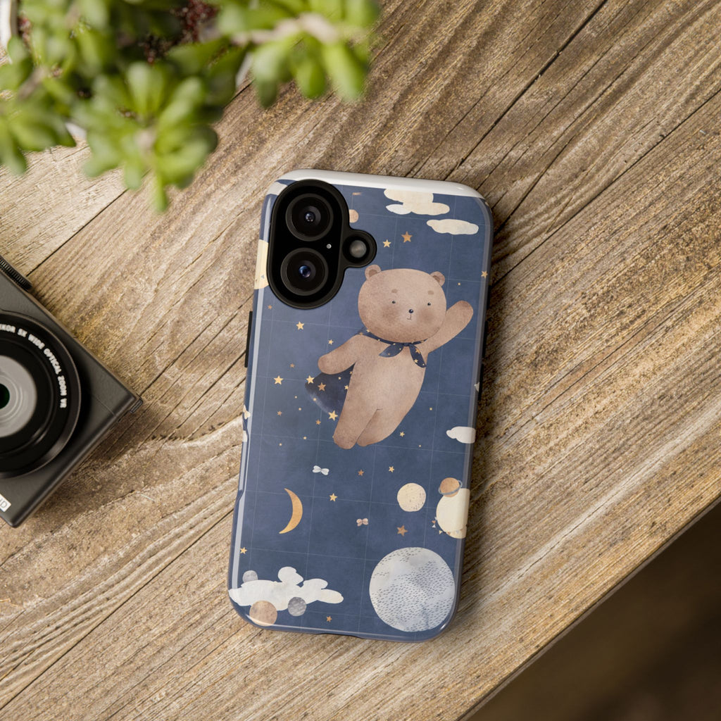 Cute Night Sky Teddy Bear Phone Case — Protective Tough Case with Floating Bear, Moon & Stars