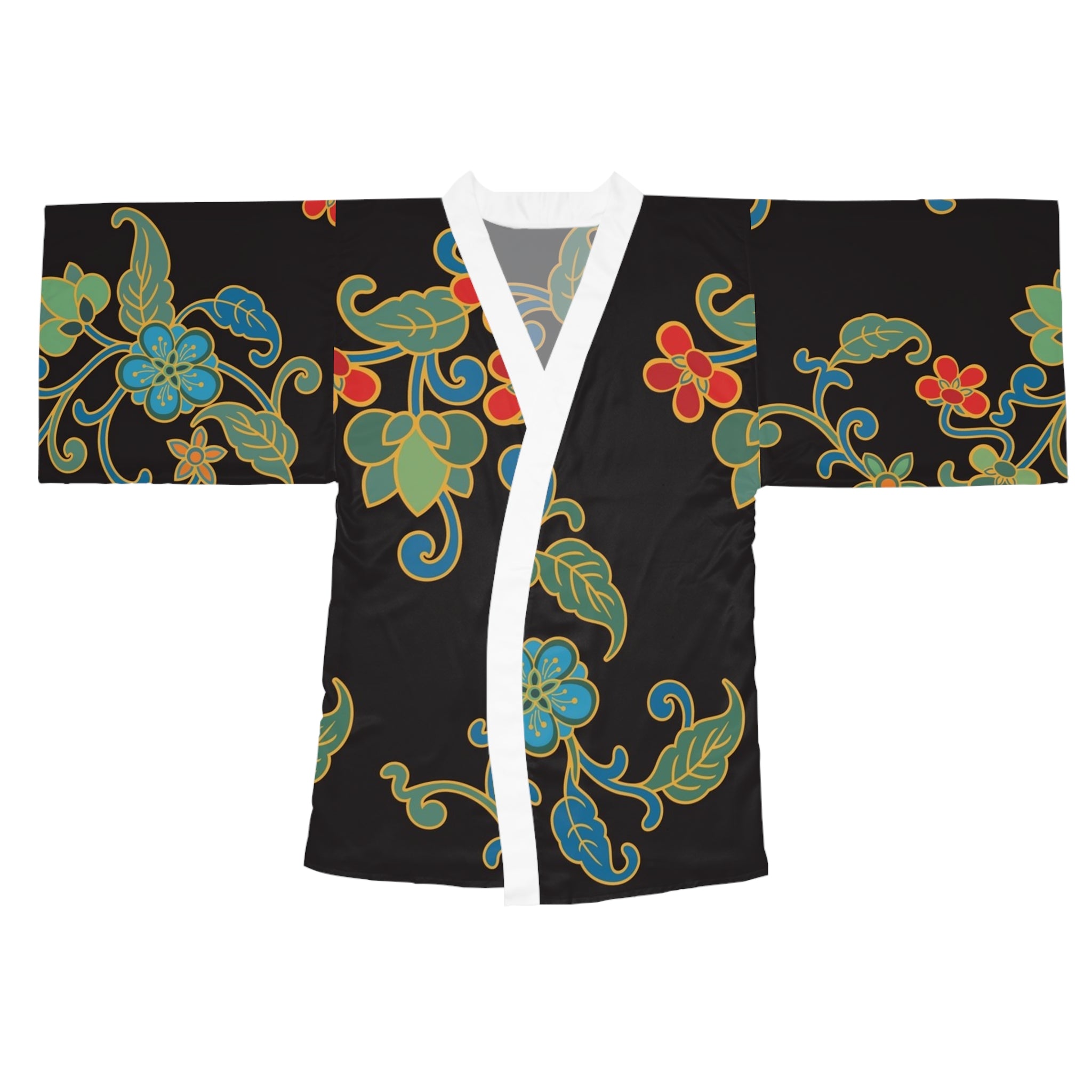 Floral Black Kimono Robe — Vintage-Inspired Long Sleeve Lounge Wrap