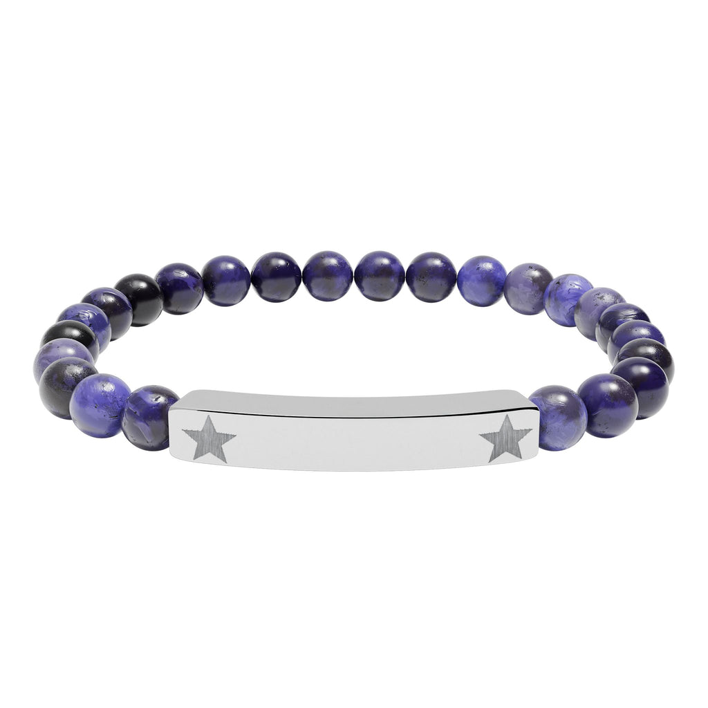 Engravable Natural Stone Stretch Beaded Bracelet — Personalized Bar Bracelet with Star Accent