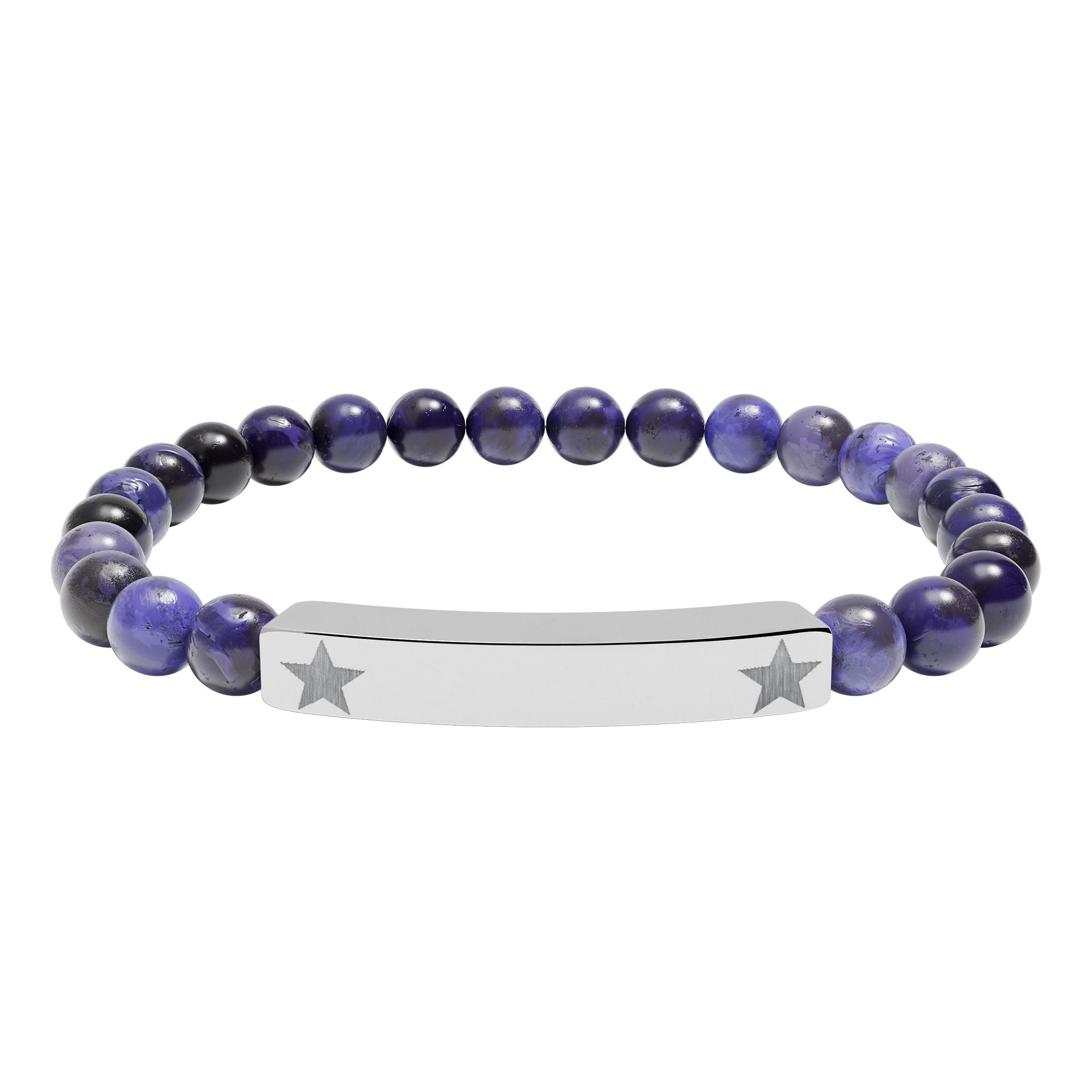 Engravable Natural Stone Stretch Beaded Bracelet — Personalized Bar Bracelet with Star Accent
