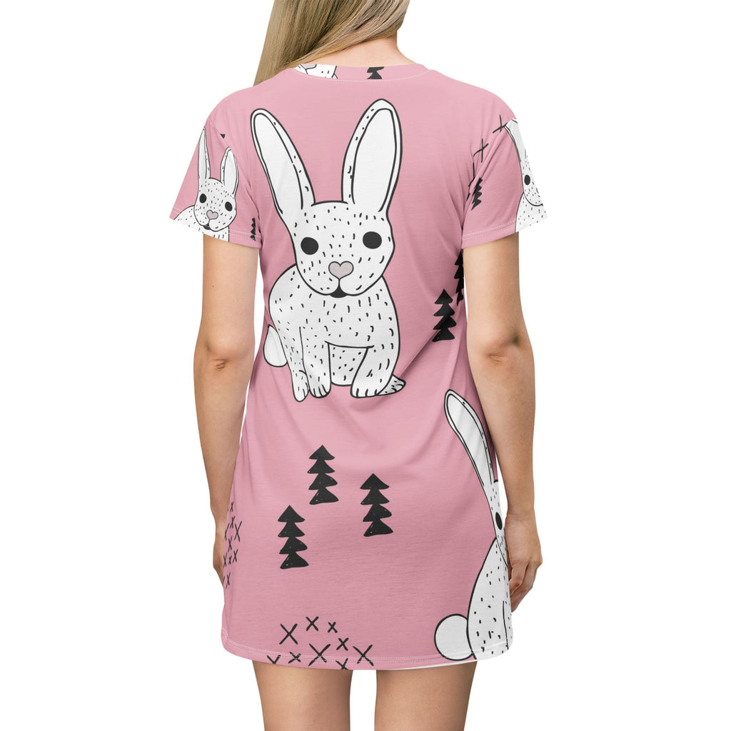 Pink Bunny Print T-Shirt Dress — Cute Easter Bunny AOP Dress