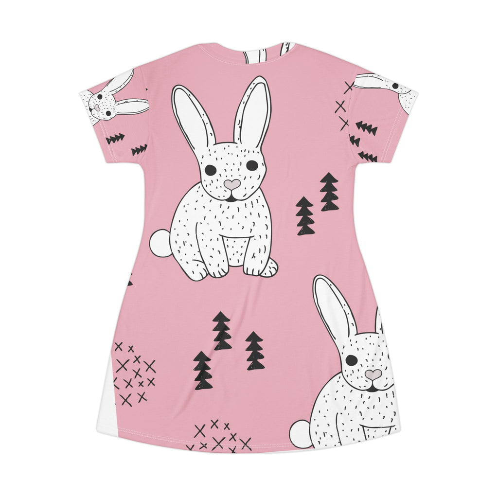 Pink Bunny Print T-Shirt Dress — Cute Easter Bunny AOP Dress