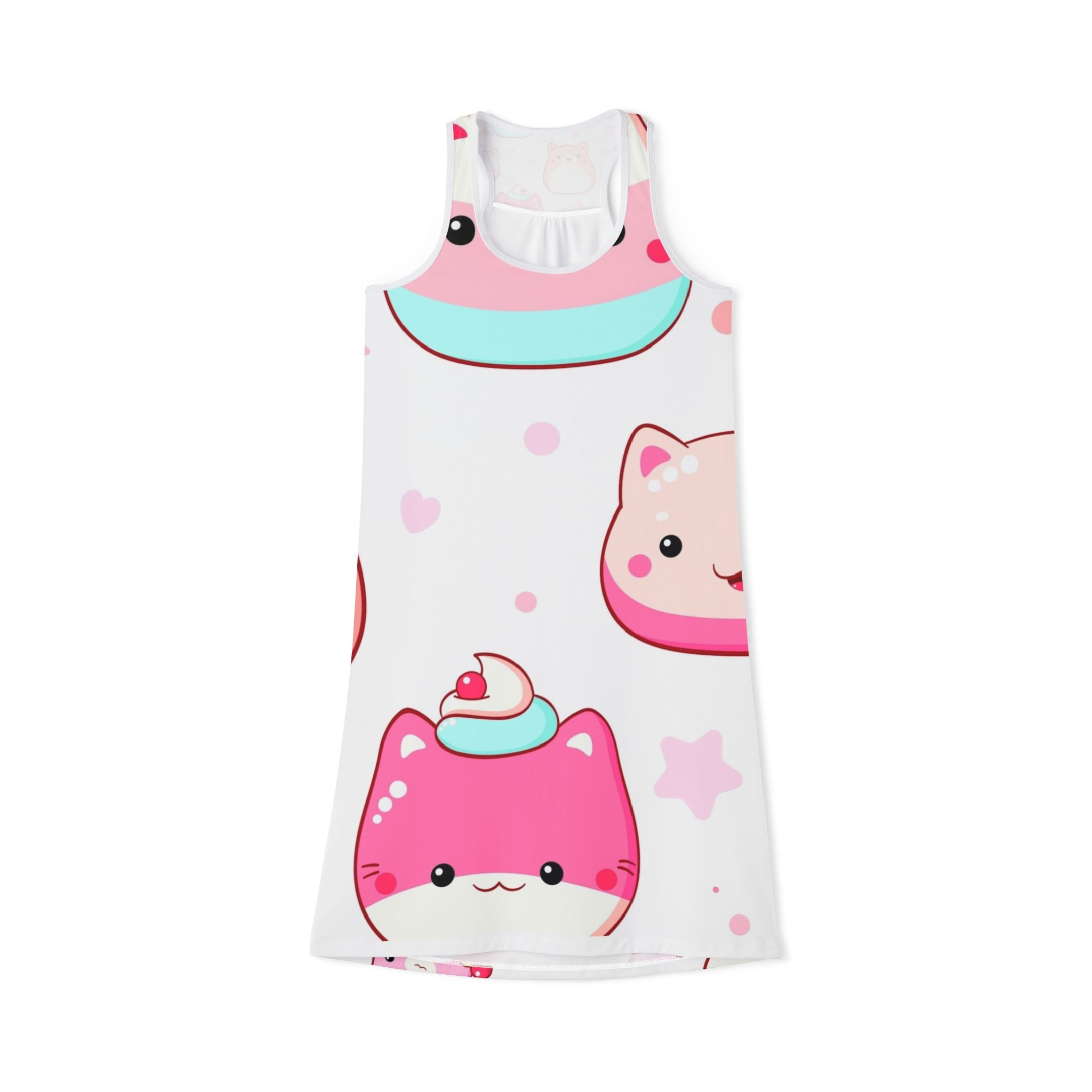 Kawaii Pink Cat Dessert Racerback Dress – Cute Anime-Inspired AOP Summer Dress