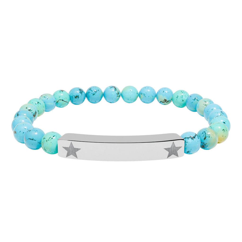 Engravable Natural Stone Stretch Beaded Bracelet — Personalized Bar Bracelet with Star Accent