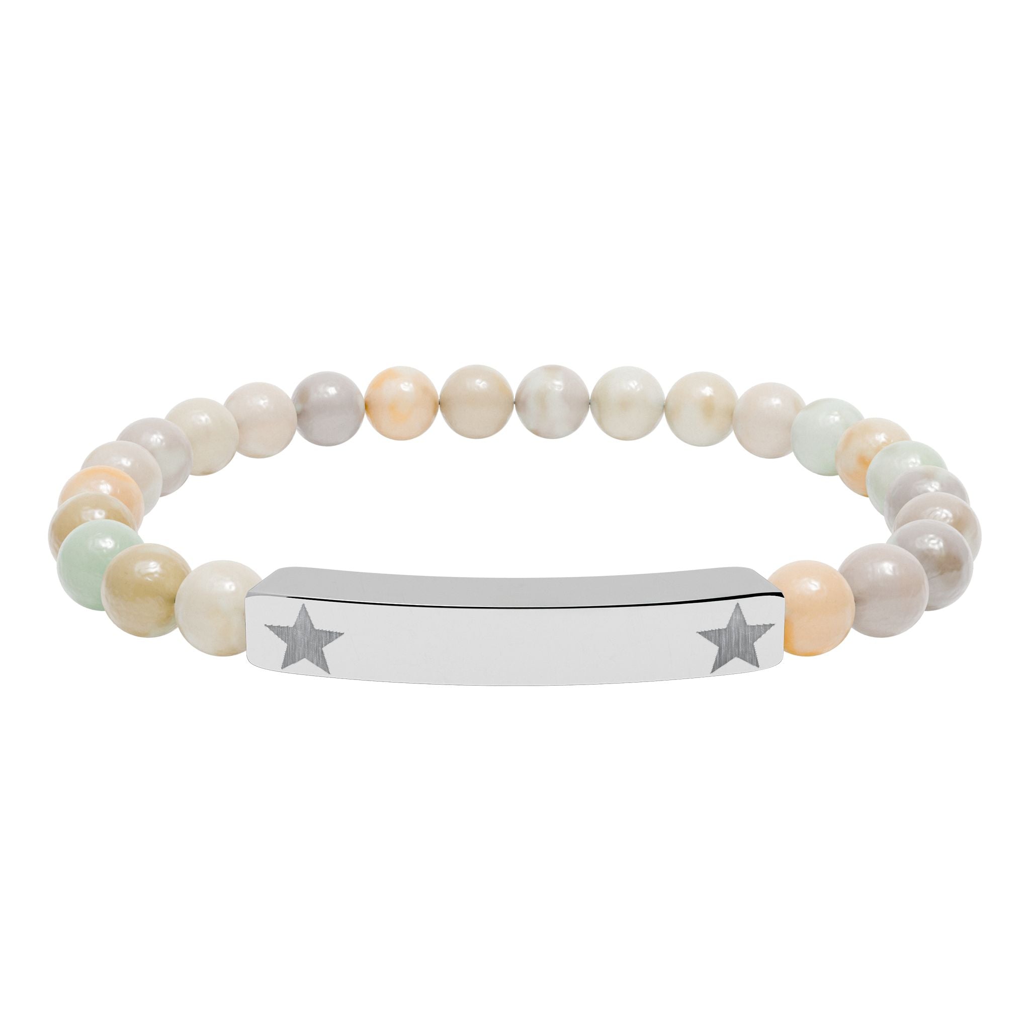 Engravable Natural Stone Stretch Beaded Bracelet — Personalized Bar Bracelet with Star Accent