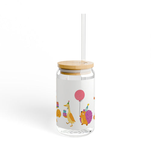 16oz Party Animals Sipper Glass with Straw — Cute Birthday Drink Jar