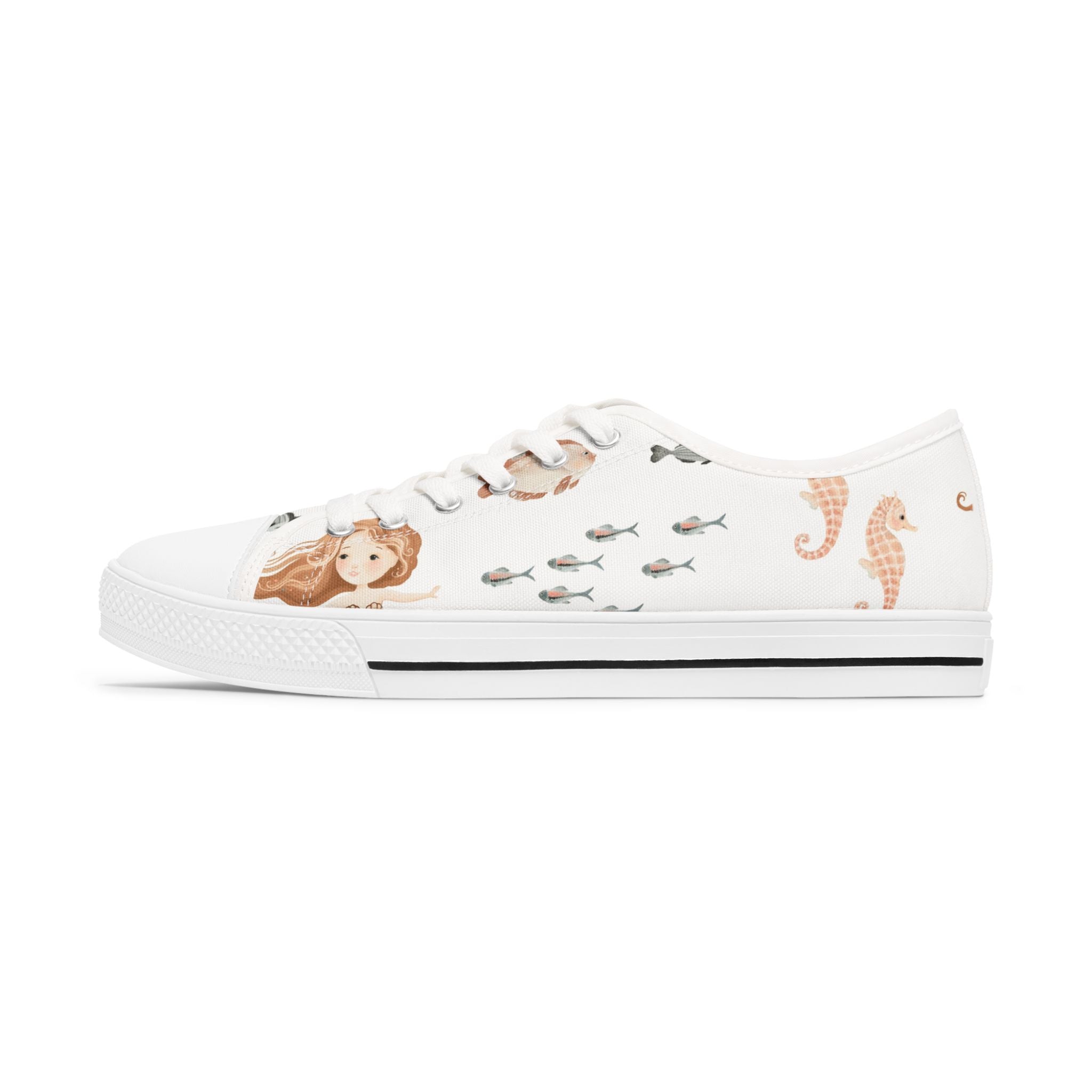 Mermaid & Seahorse Women's Low Top Sneakers — Cute Ocean Print Casual Shoes