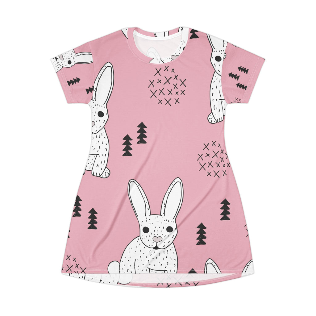 Pink Bunny Print T-Shirt Dress — Cute Easter Bunny AOP Dress