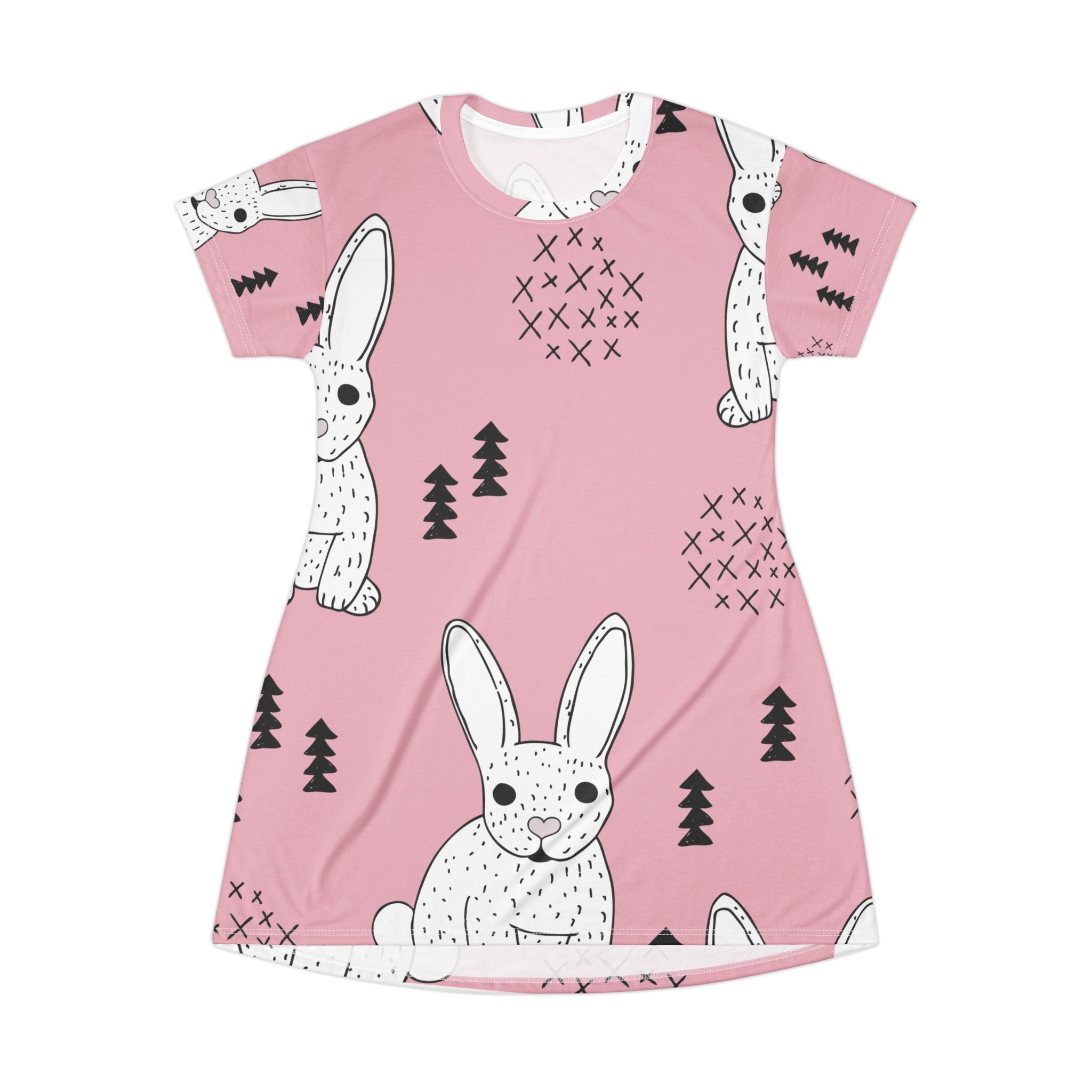 Pink Bunny Print T-Shirt Dress — Cute Easter Bunny AOP Dress