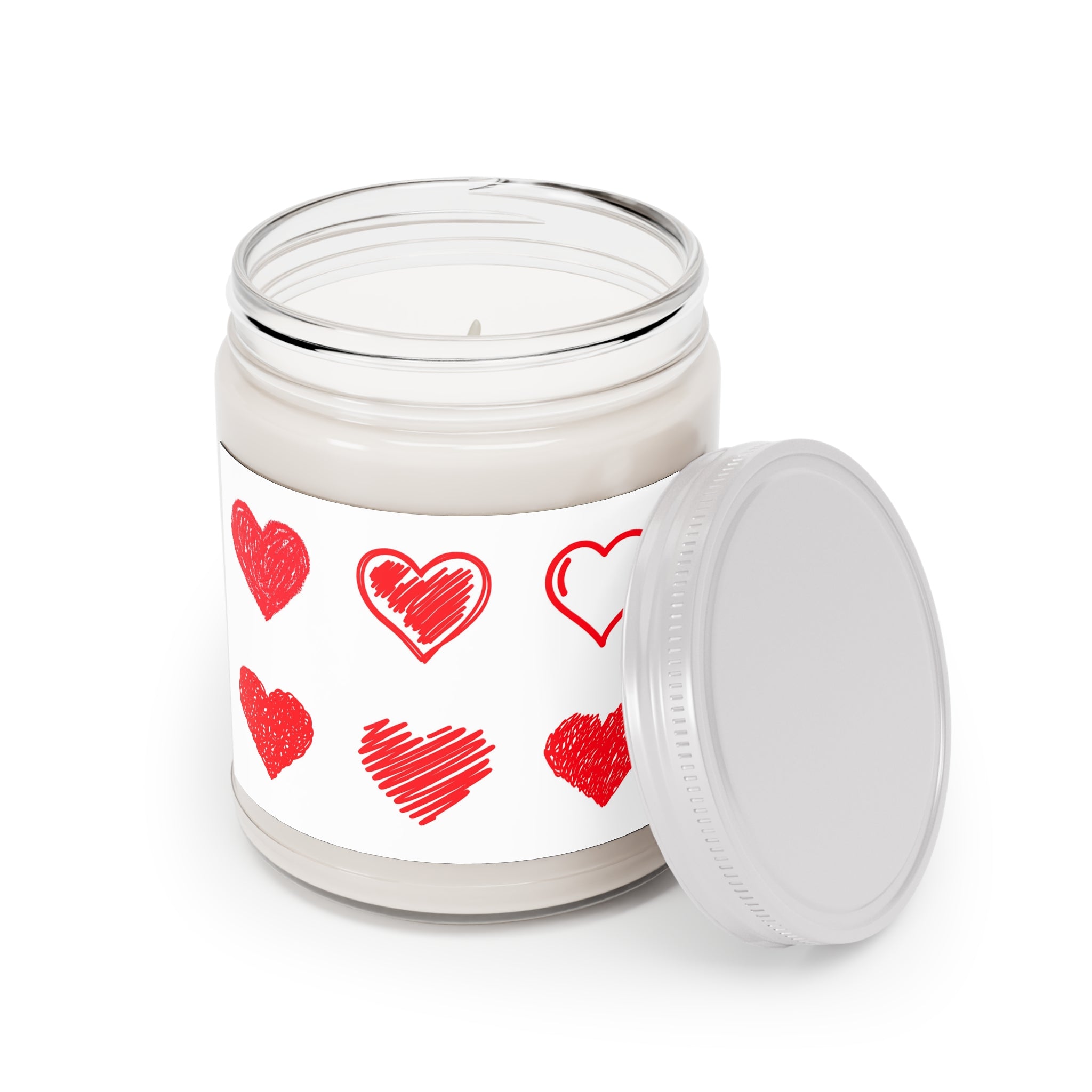 9oz Scented Soy Candle — Hand-Drawn Red Hearts Design (White Lid)