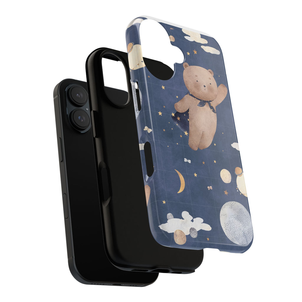 Cute Night Sky Teddy Bear Phone Case — Protective Tough Case with Floating Bear, Moon & Stars