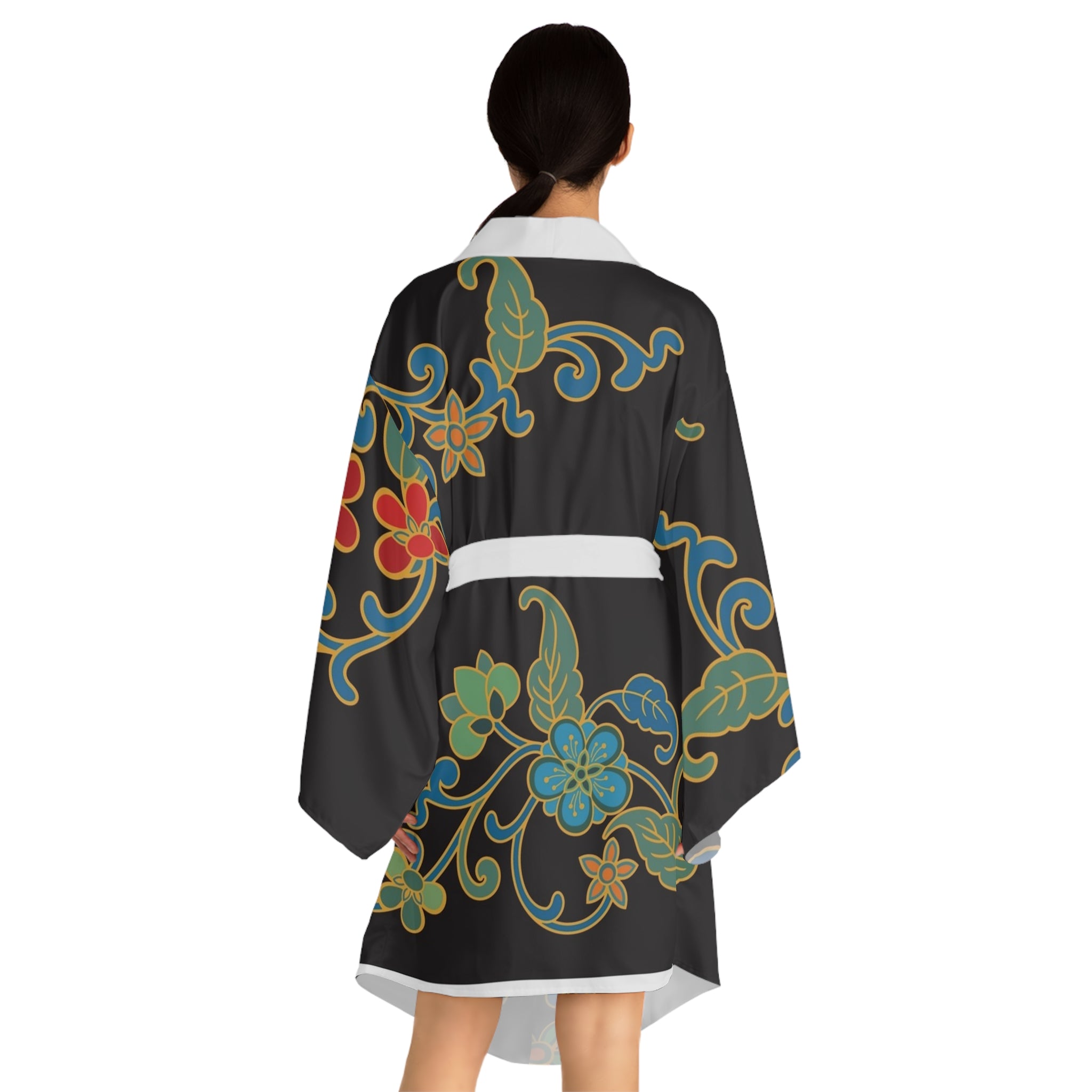 Floral Black Kimono Robe — Vintage-Inspired Long Sleeve Lounge Wrap