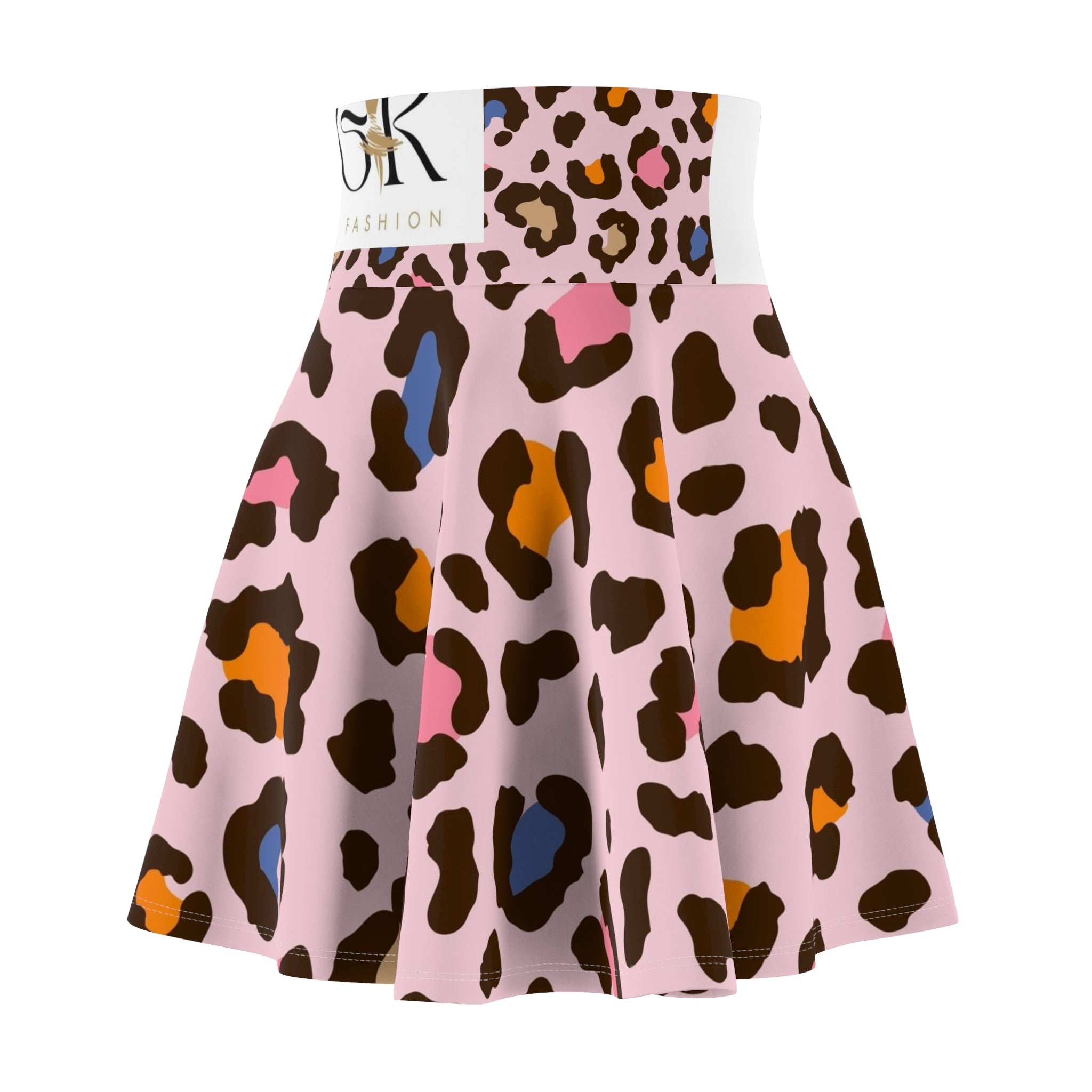 Pink Multicolor Leopard Print Skater Skirt — Cute AOP Animal Print Flared Skirt