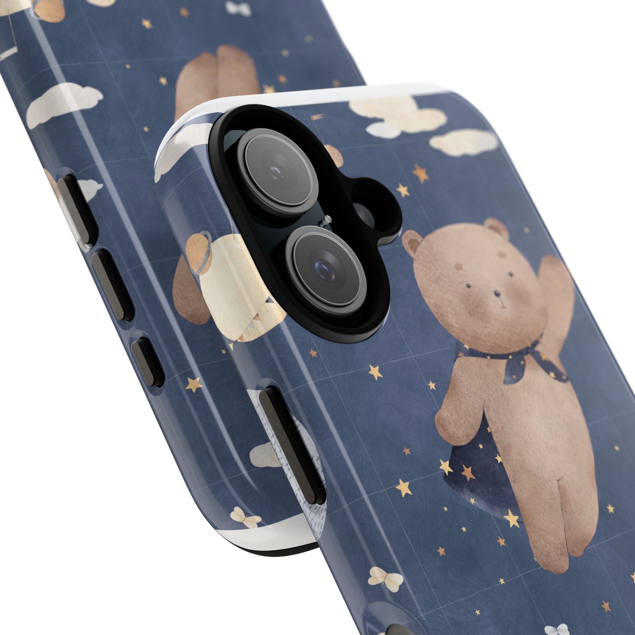 Cute Night Sky Teddy Bear Phone Case — Protective Tough Case with Floating Bear, Moon & Stars