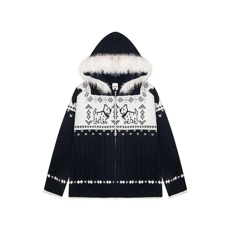 Fur Collar Fair Isle Dog Knit Cardigan