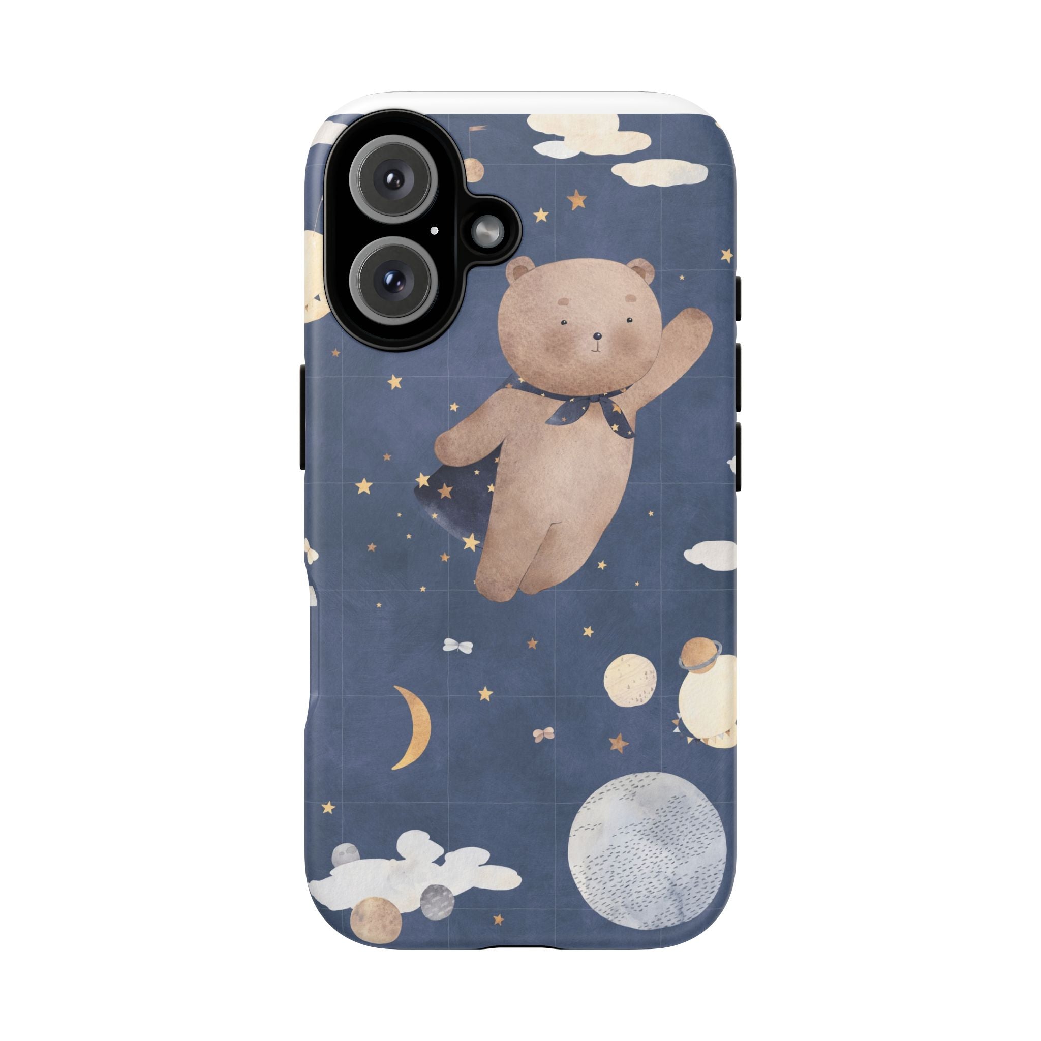 Cute Night Sky Teddy Bear Phone Case — Protective Tough Case with Floating Bear, Moon & Stars
