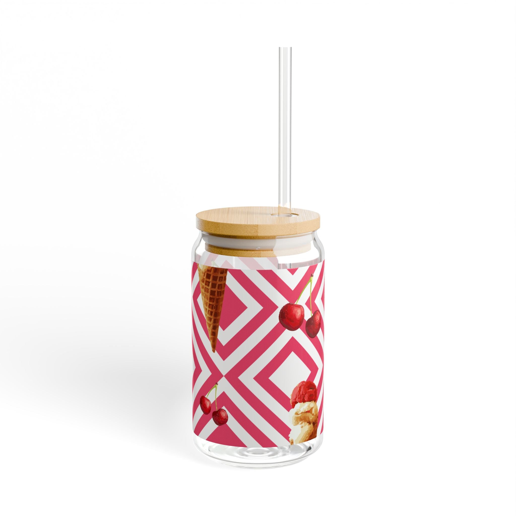 Ice Cream & Cherries Sipper Glass — 16oz Summer Drink Jar