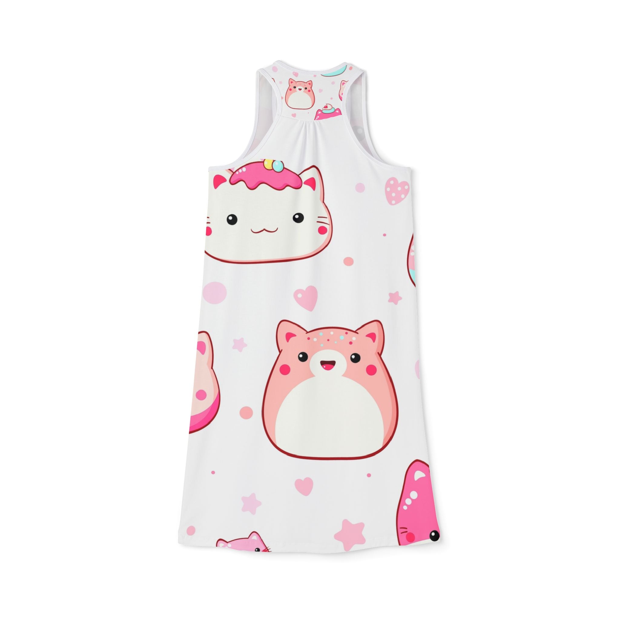 Kawaii Pink Cat Dessert Racerback Dress – Cute Anime-Inspired AOP Summer Dress