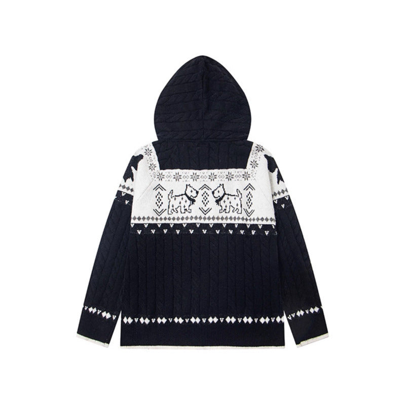 Fur Collar Fair Isle Dog Knit Cardigan