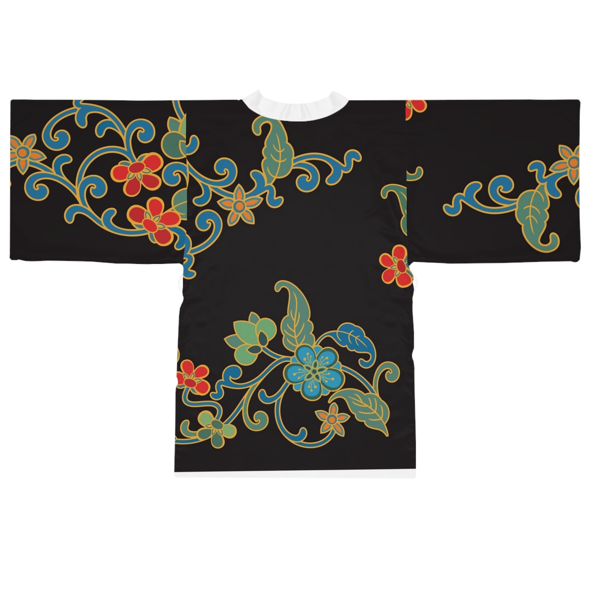 Floral Black Kimono Robe — Vintage-Inspired Long Sleeve Lounge Wrap