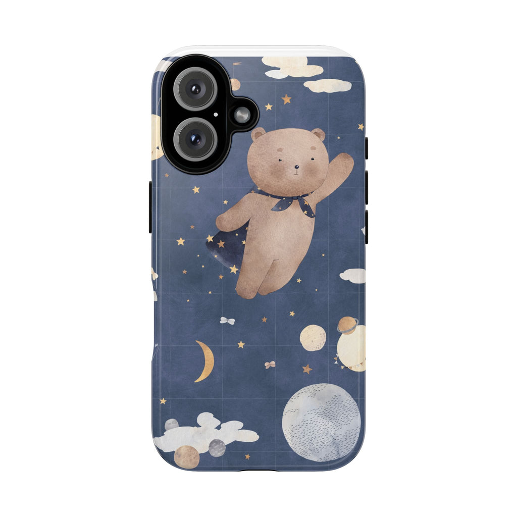 Cute Night Sky Teddy Bear Phone Case — Protective Tough Case with Floating Bear, Moon & Stars