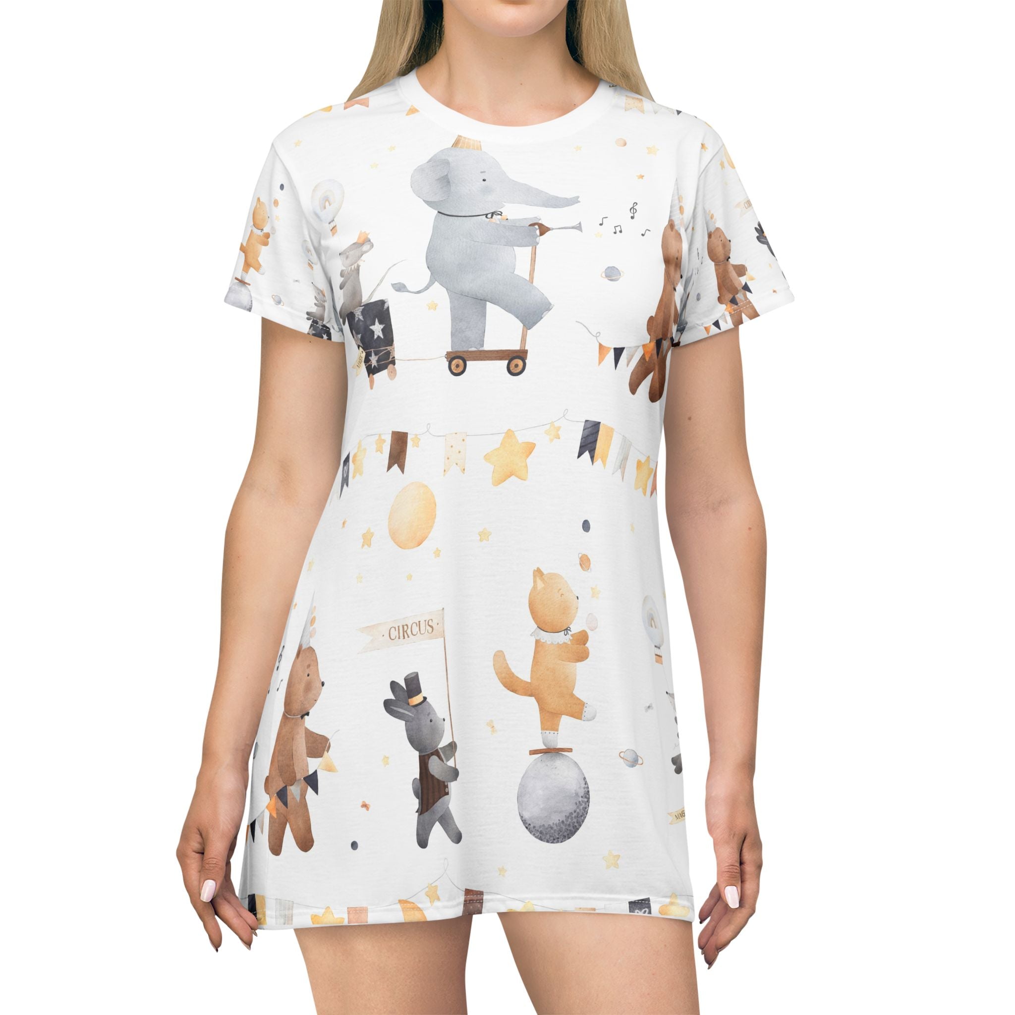 Kids' Circus Animal T-Shirt Dress – Cute Elephant & Bear All-Over Print