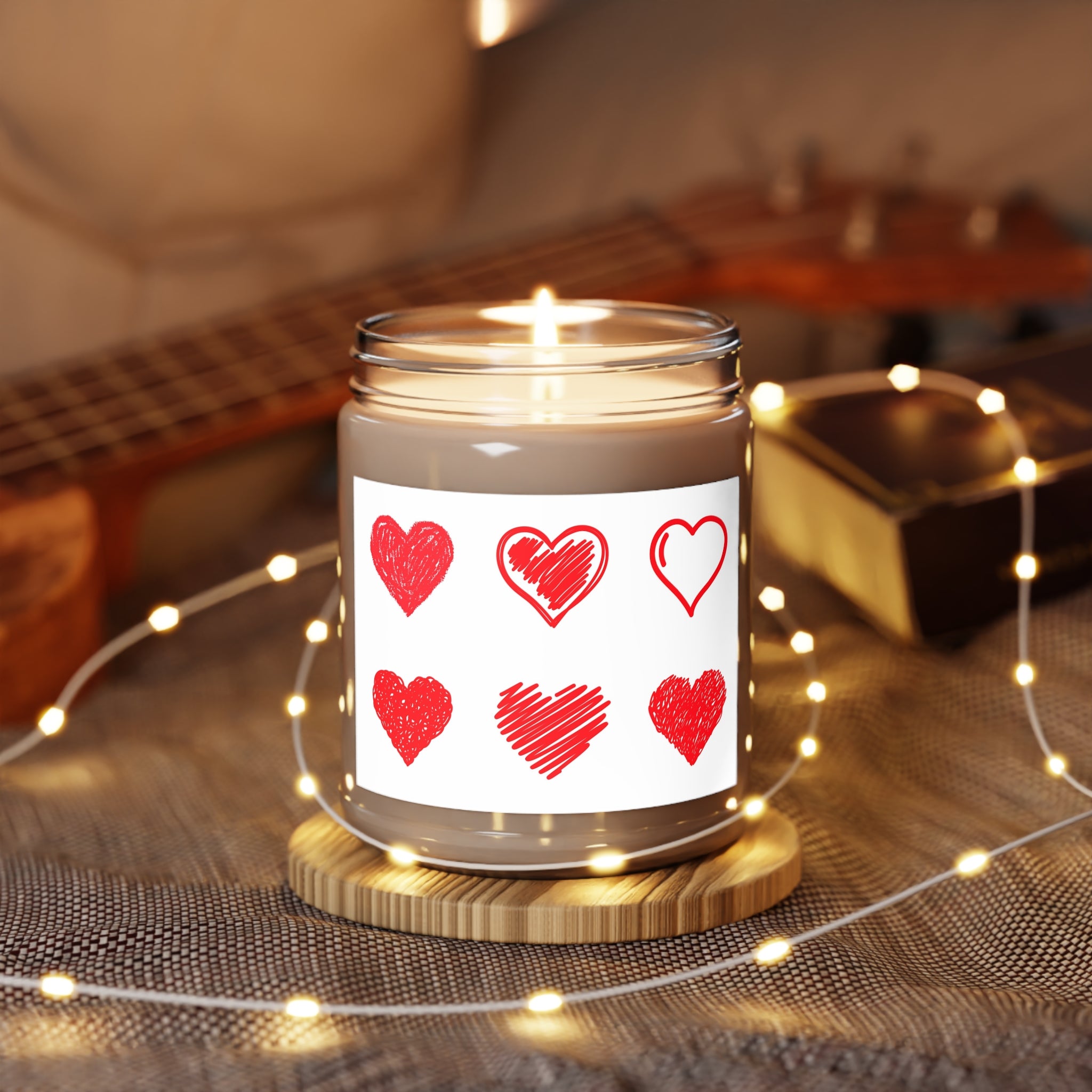 9oz Scented Soy Candle — Hand-Drawn Red Hearts Design (White Lid)
