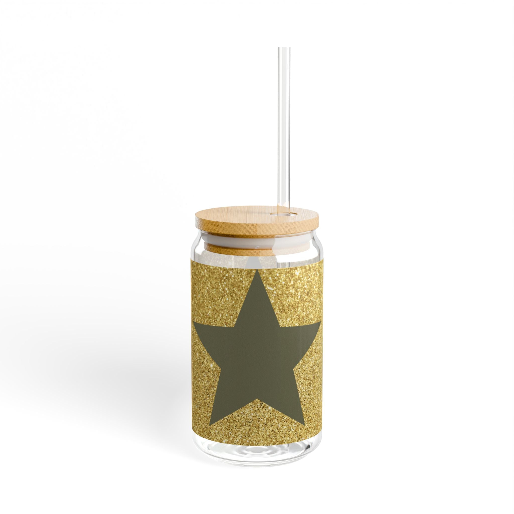 Gold Glitter Star Sipper Glass, 16oz - Reusable Straw Tumbler