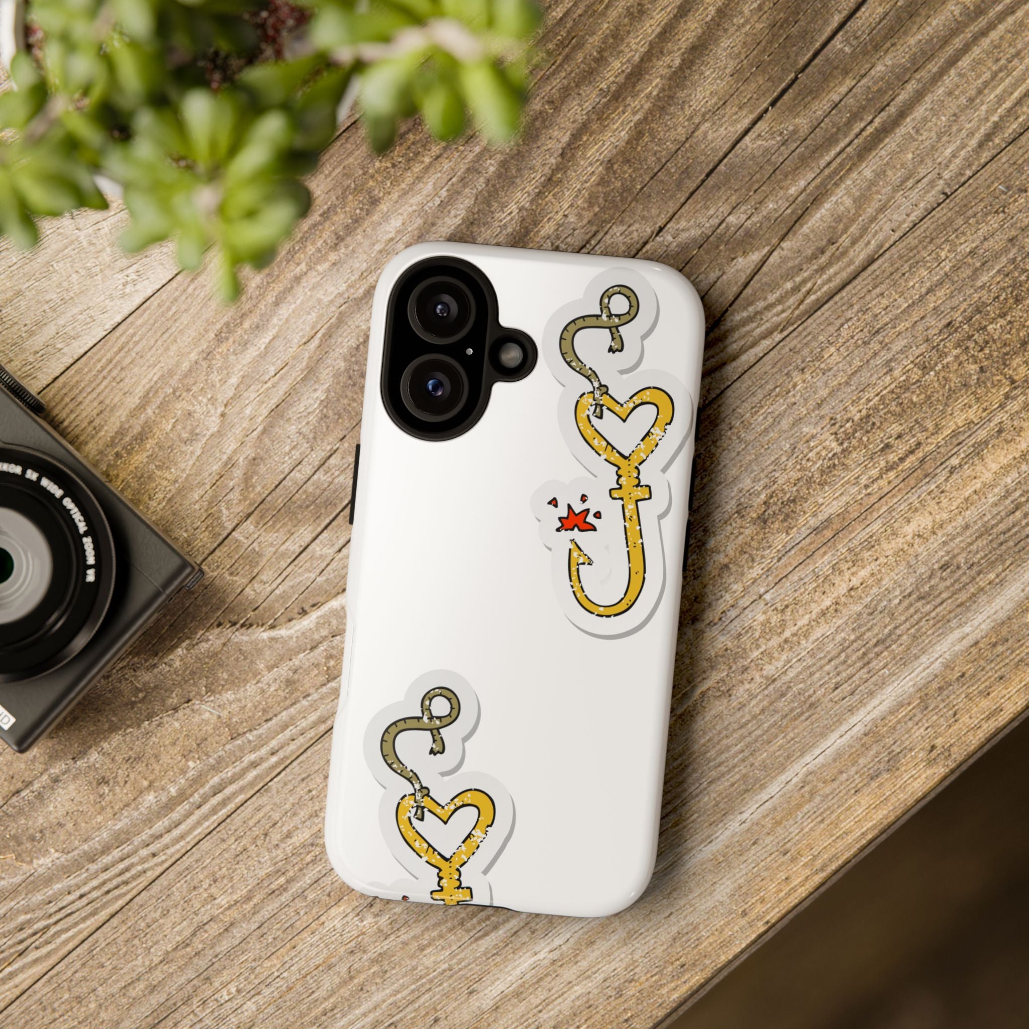 Gold Heart Hook Phone Case — Cute Fishing Charm iPhone Cover