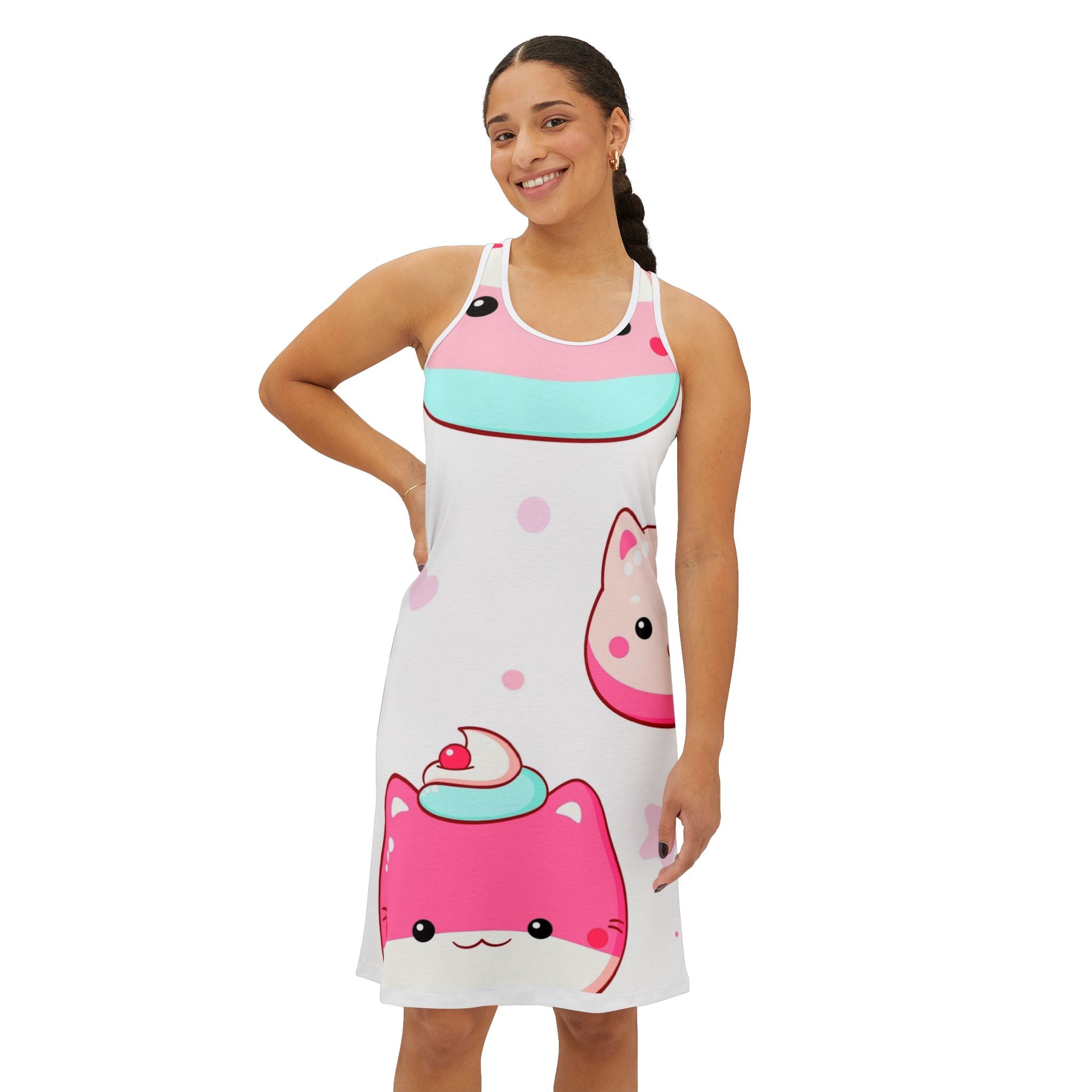 Kawaii Pink Cat Dessert Racerback Dress – Cute Anime-Inspired AOP Summer Dress