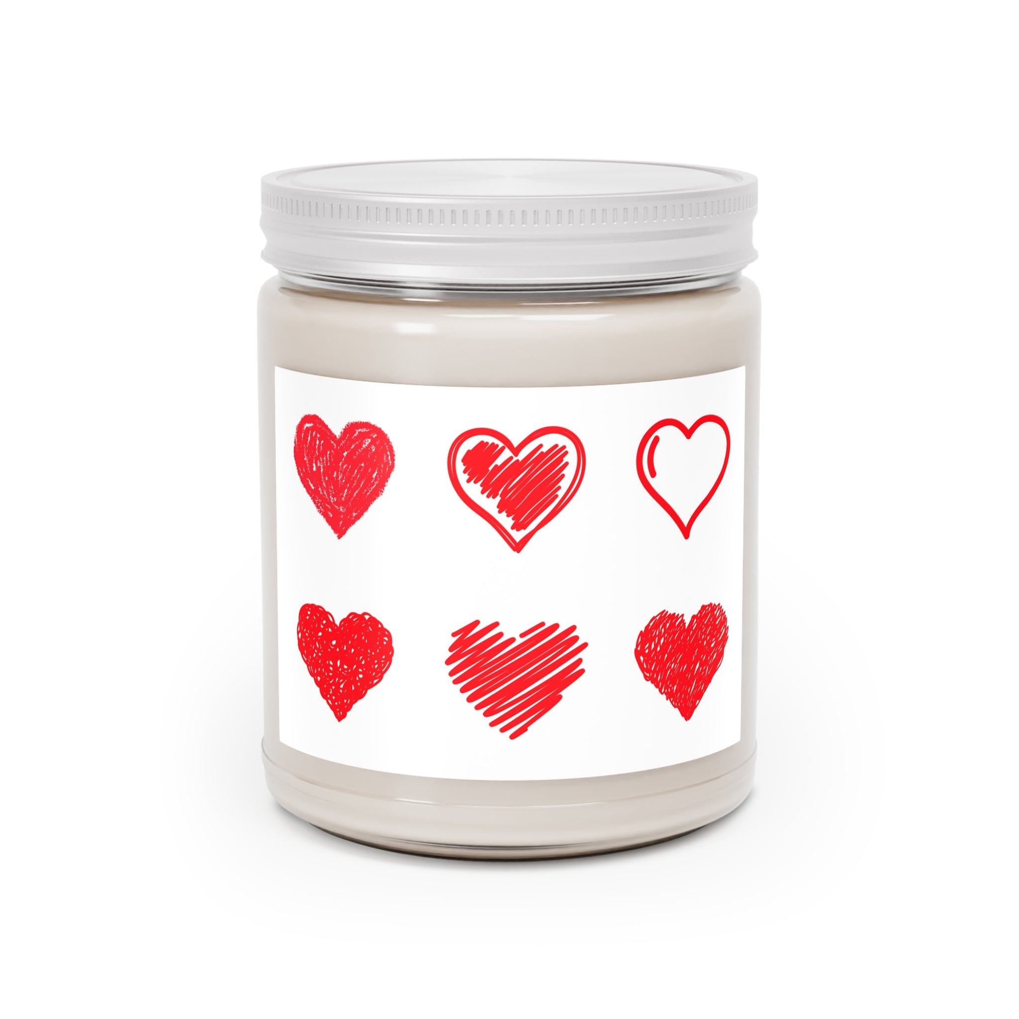 9oz Scented Soy Candle — Hand-Drawn Red Hearts Design (White Lid)