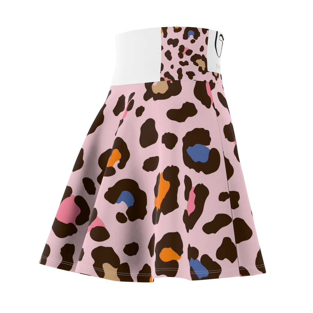 Pink Multicolor Leopard Print Skater Skirt — Cute AOP Animal Print Flared Skirt