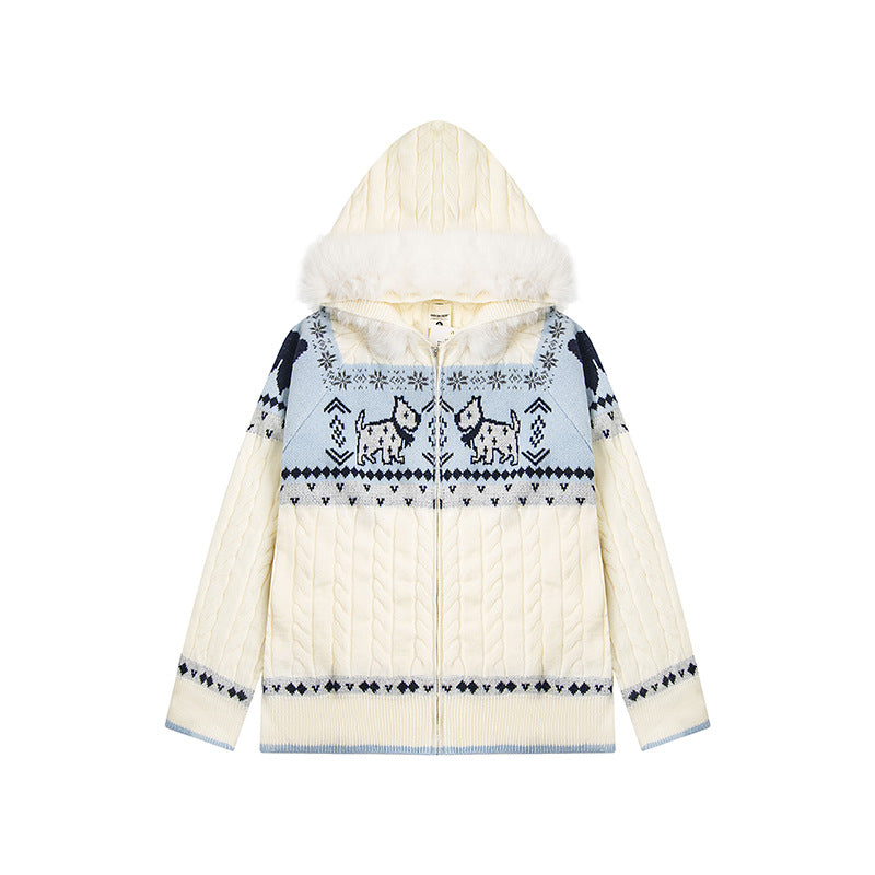 Fur Collar Fair Isle Dog Knit Cardigan