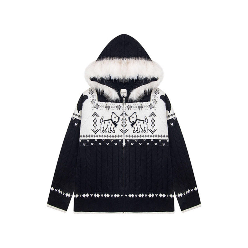 Fur Collar Fair Isle Dog Knit Cardigan